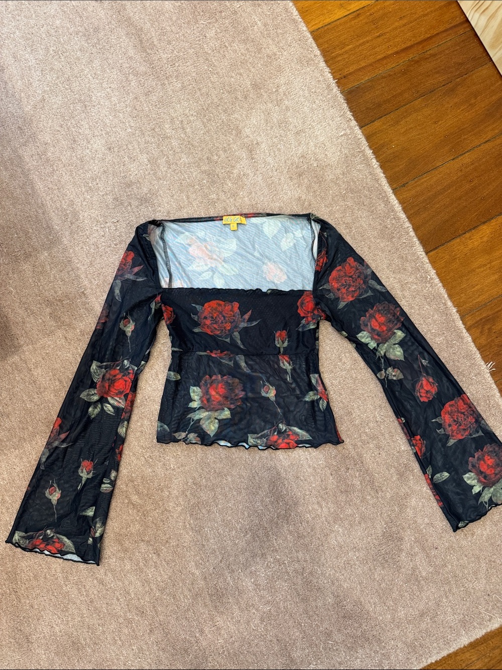 Black Sheer Long-Sleeve Square-Neck Top with Red Rose Print